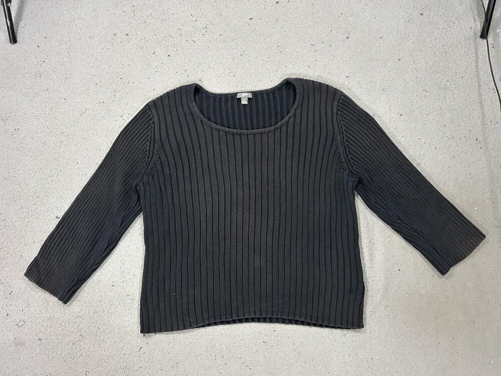 J Jill Sweater Womens XL Black Ribbed Knit 3/4 Sleeve Scoop Neck Cotton
